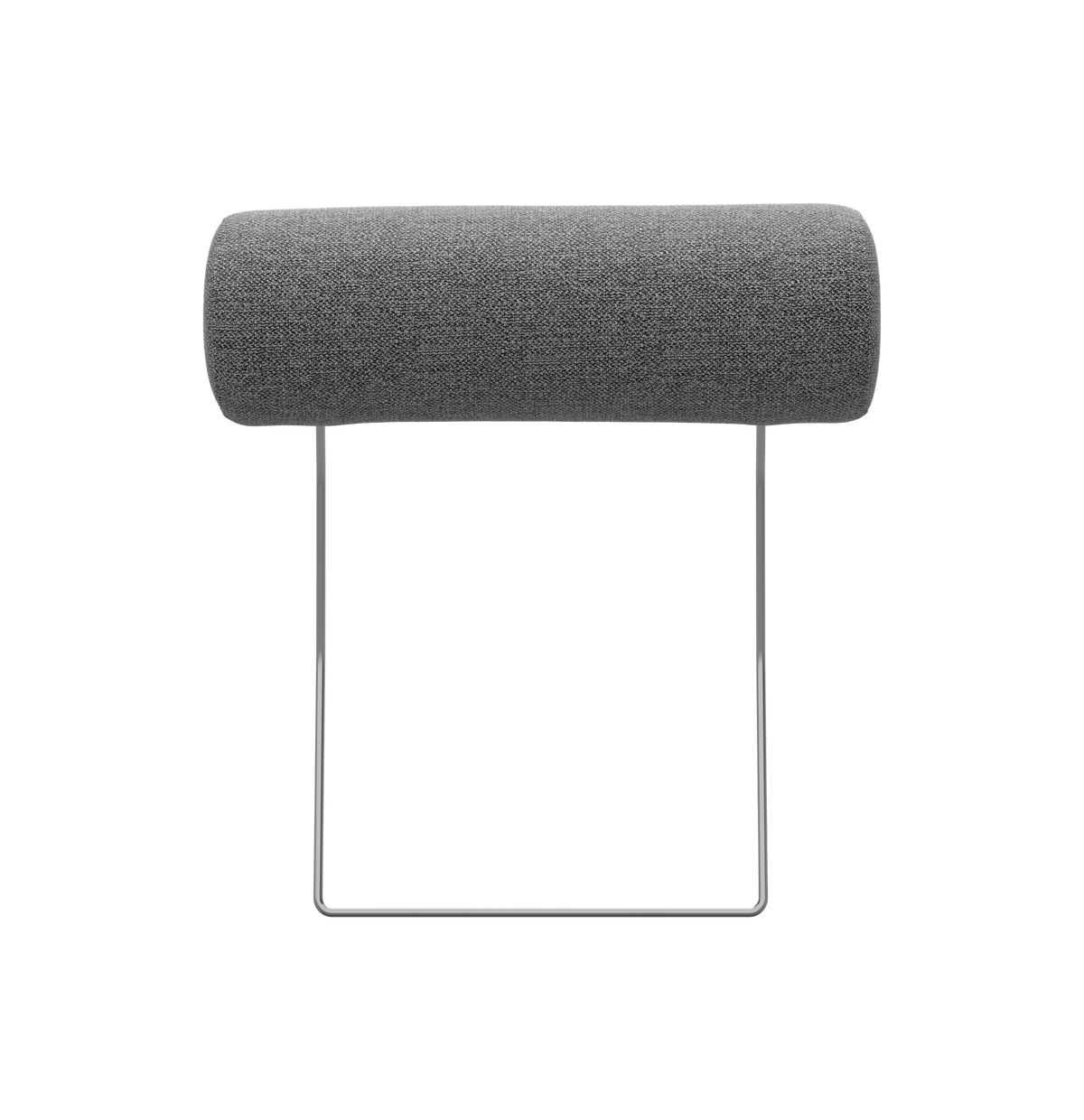 Grå cylindrisk sofa‑nakkestøtte med U‑formet metalstativ, set forfra.