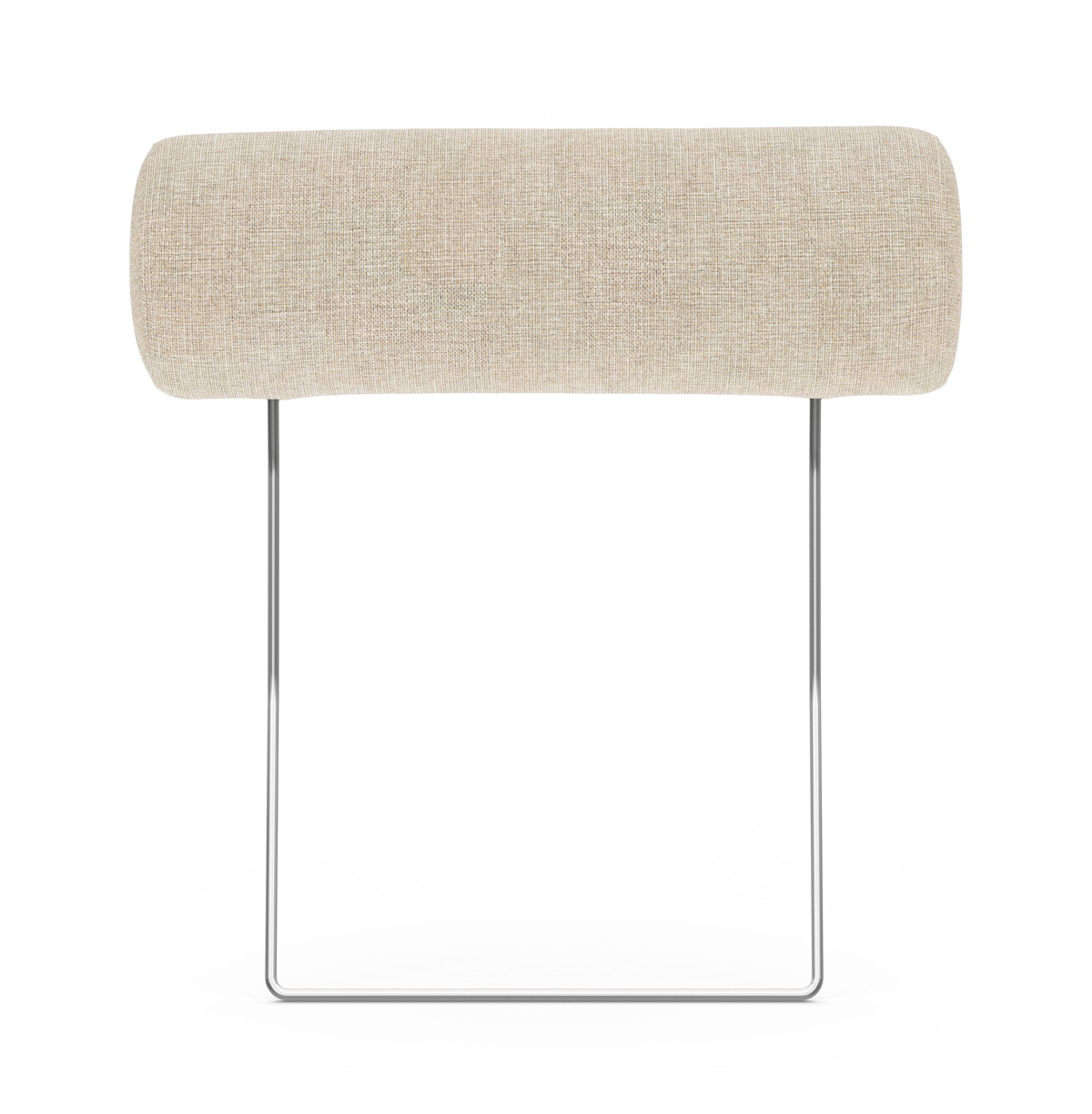 Beige cylindrisk nakkepude på krom U‑formet metalramme, frilagt på hvid baggrund.