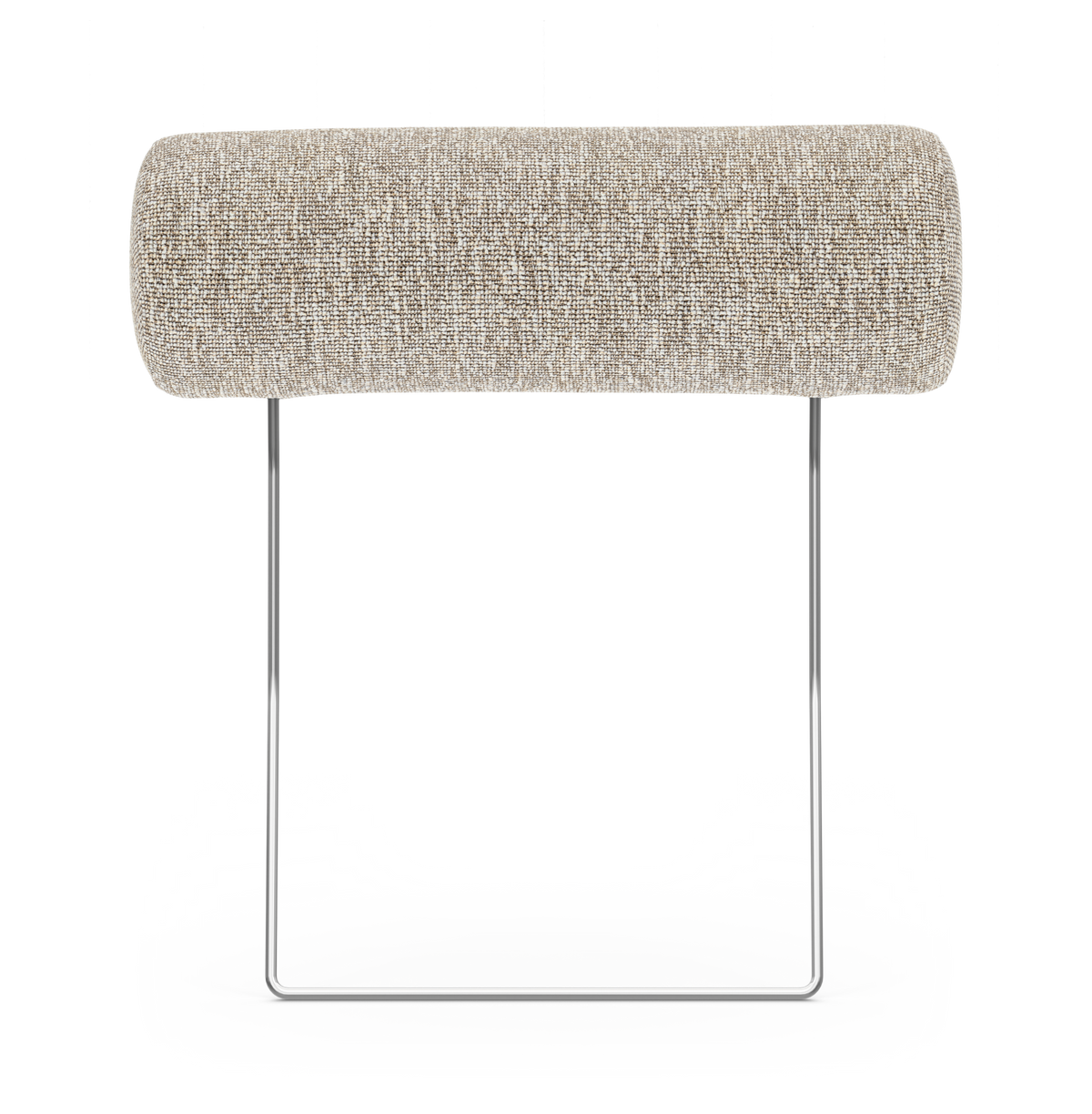 Beige cylinderformet nakkepude i tekstil på slank forkromet metalramme, frilagt produktfoto forfra.