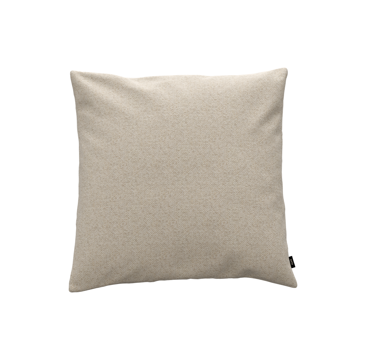 Beige kvadratisk pyntepude med diskret vævet struktur.