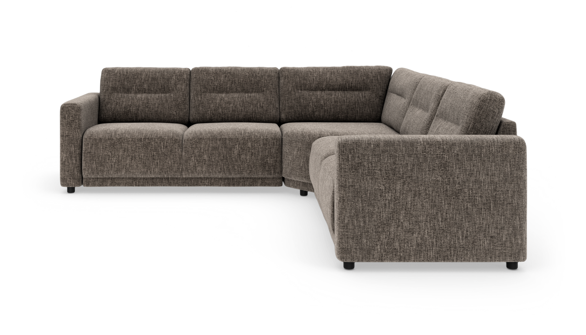 Brungrå modul hjørnesofa i stof, L-formet, set skråt forfra på hvid baggrund.