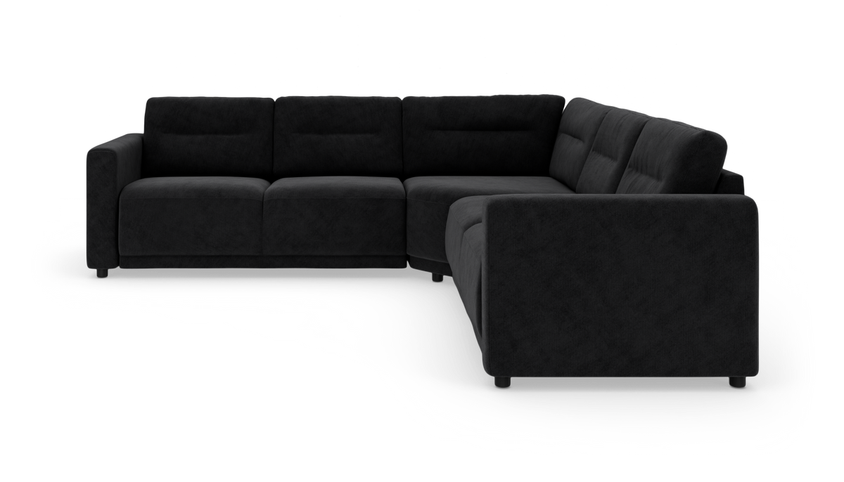 Mørkegrå L-formet hjørnesofa med kraftige puder på hvid studiobaggrund.