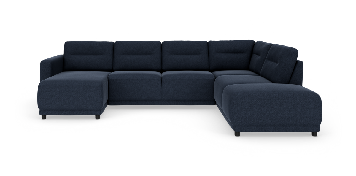 Mørkeblå L-formet modulsofa med chaiselong til venstre og afrundet hjørnesektion, vist på hvid baggrund.