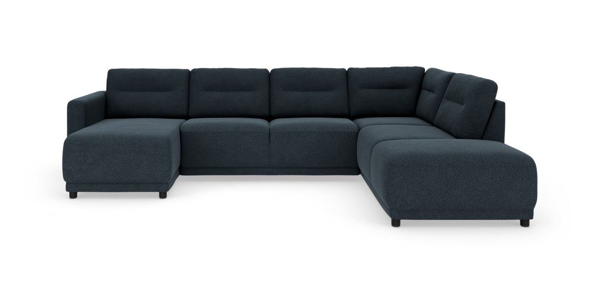 Mørkeblå U‑formet modulsofa med venstre chaiselong og afrundede hjørner, vist på hvid baggrund.