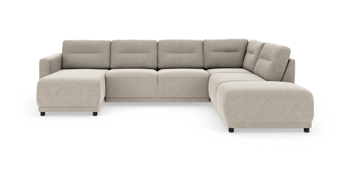 Beige U-formet modulsofa med venstre chaiselong og afrundet afslutning til højre, isoleret på hvid baggrund.