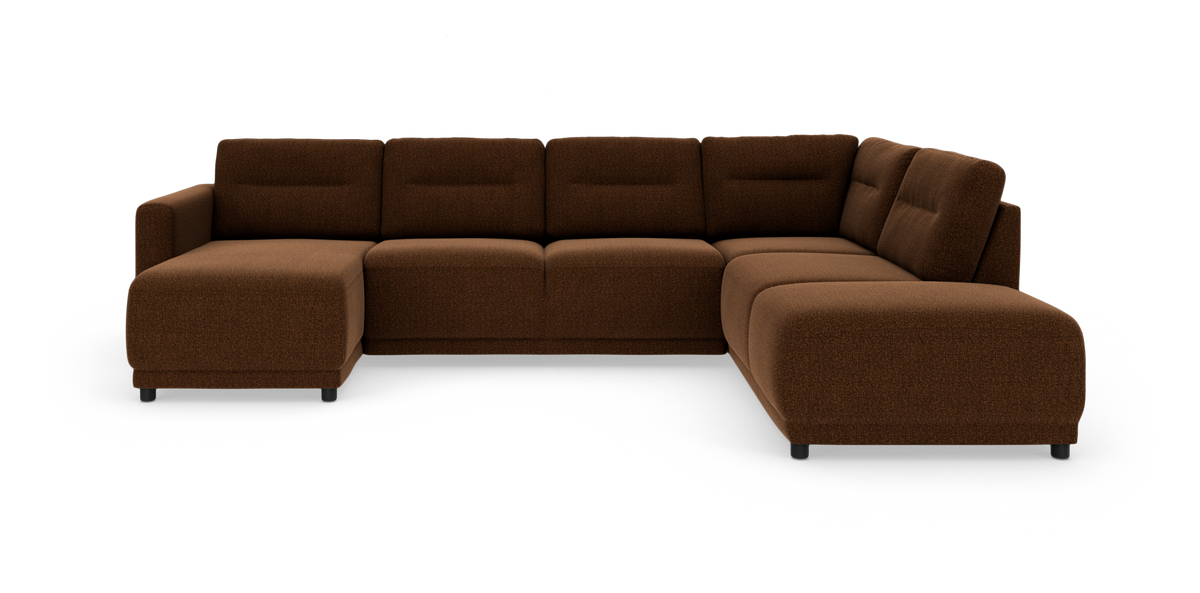 U-formet modulsofa i brun tekstil med venstre chaiselong og rund afslutning på højre side.