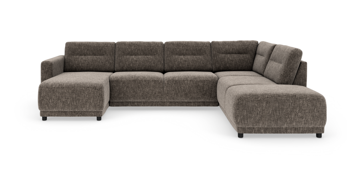 Stor U‑formet modulsofa i brungråt stof med venstre chaiselong og afrundede hjørner, fritlagt på hvid baggrund.