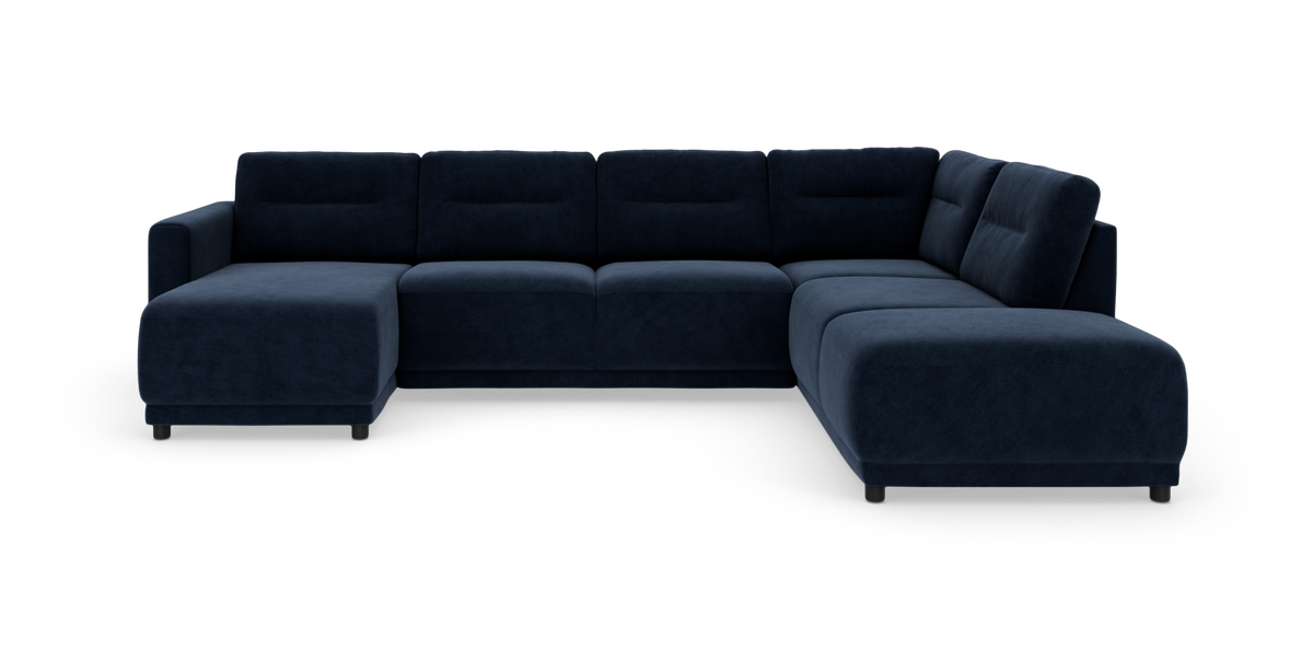 Mørkeblå modulhjørnesofa i U‑form med chaiselong til venstre og afrundet afslutning til højre, fritstående på hvid baggrund.