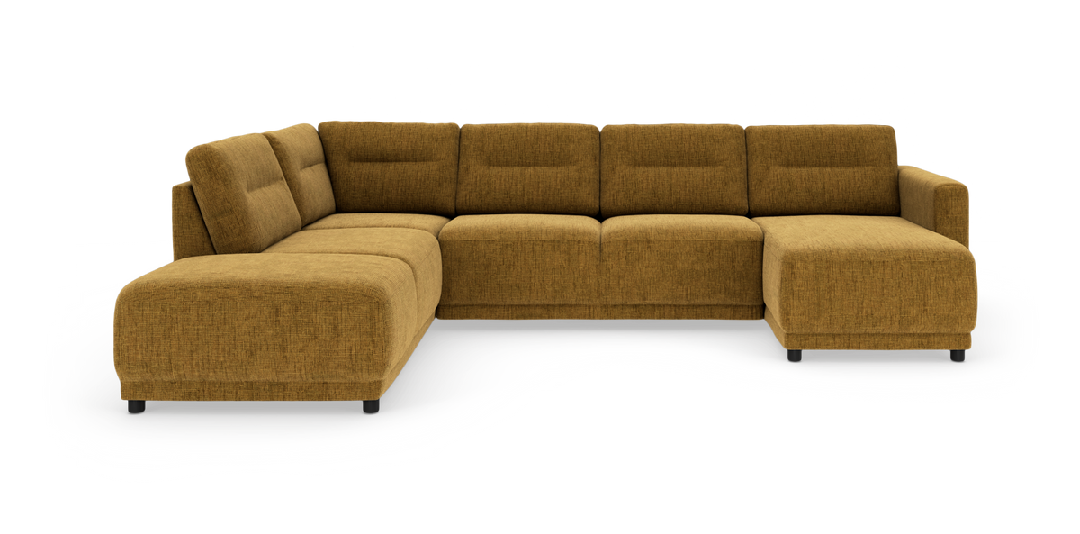 Modulopbygget hjørnesofa i sennepsgul tekstil med chaiselong, fritstående mod hvid baggrund.
