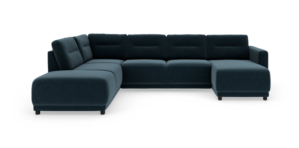 Mørkeblå modul-hjørnesofa med chaiselong i begge ender, mod hvid baggrund.