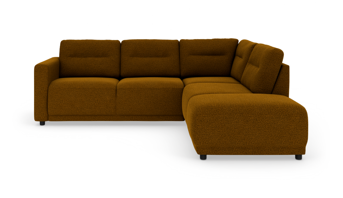 L-formet modulsofa med højrevendt chaiselong i varm sennepsgul bouclé, isoleret på hvid baggrund.