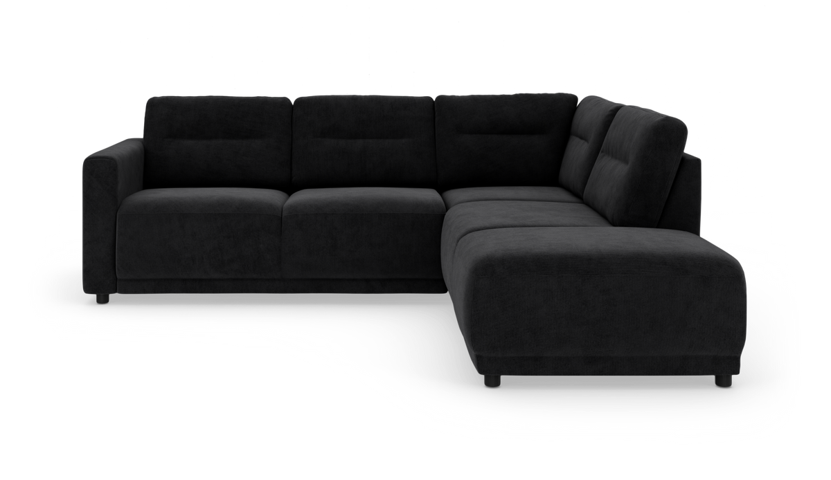 Mørkegrå L‑formet hjørnesofa med chaiselong til højre på hvid baggrund.