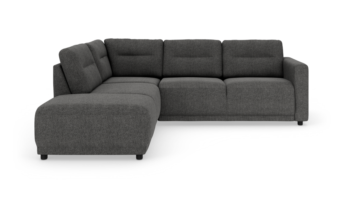 Mørkegrå L‑sofa/hjørnesofa med chaiselong i moderne, polstret design på hvid baggrund.