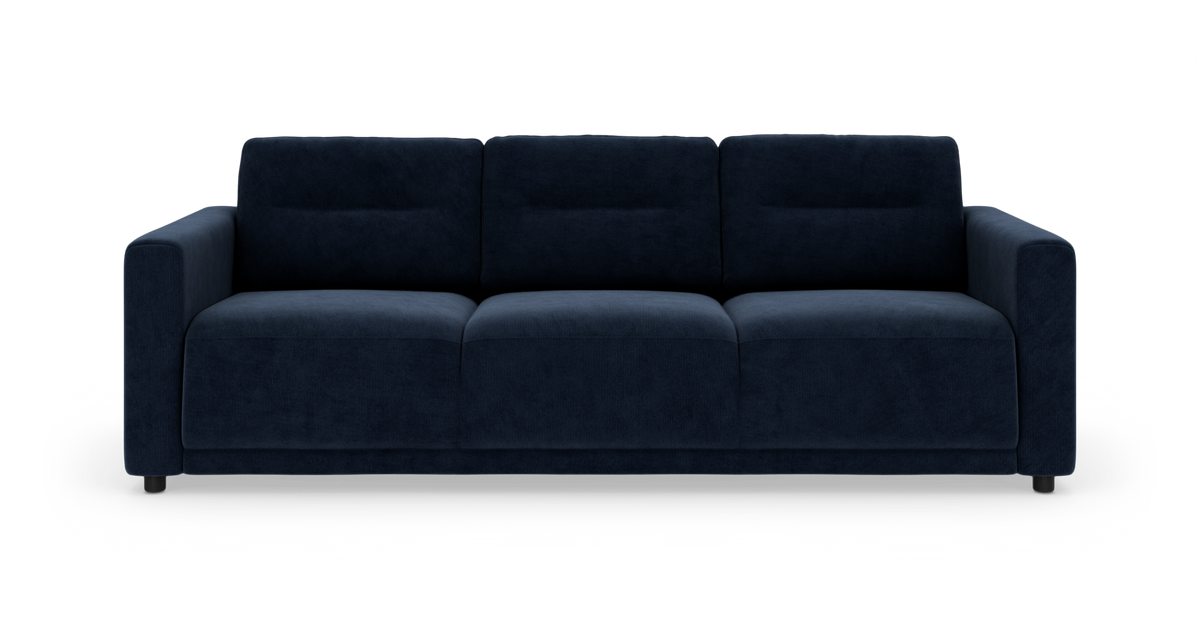 Mørkeblå 3-personers sofa i moderne design, frontvisning mod hvid baggrund.