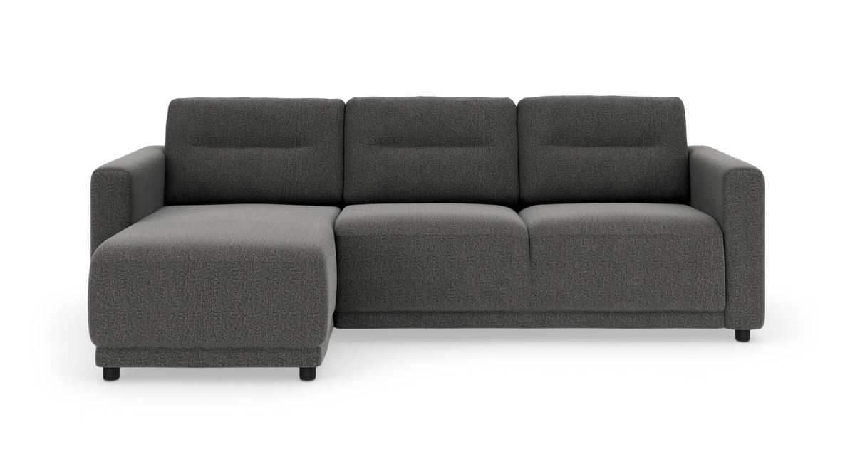 Mørkegrå modulsofa med venstrevendt chaiselong, frontal visning på hvid baggrund.