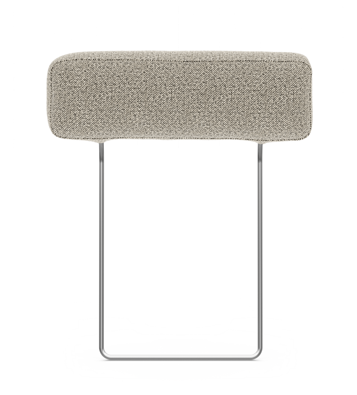 Beige tekstilpolstret nakkestøtte med forkromet metalramme, frilagt på hvid baggrund.
