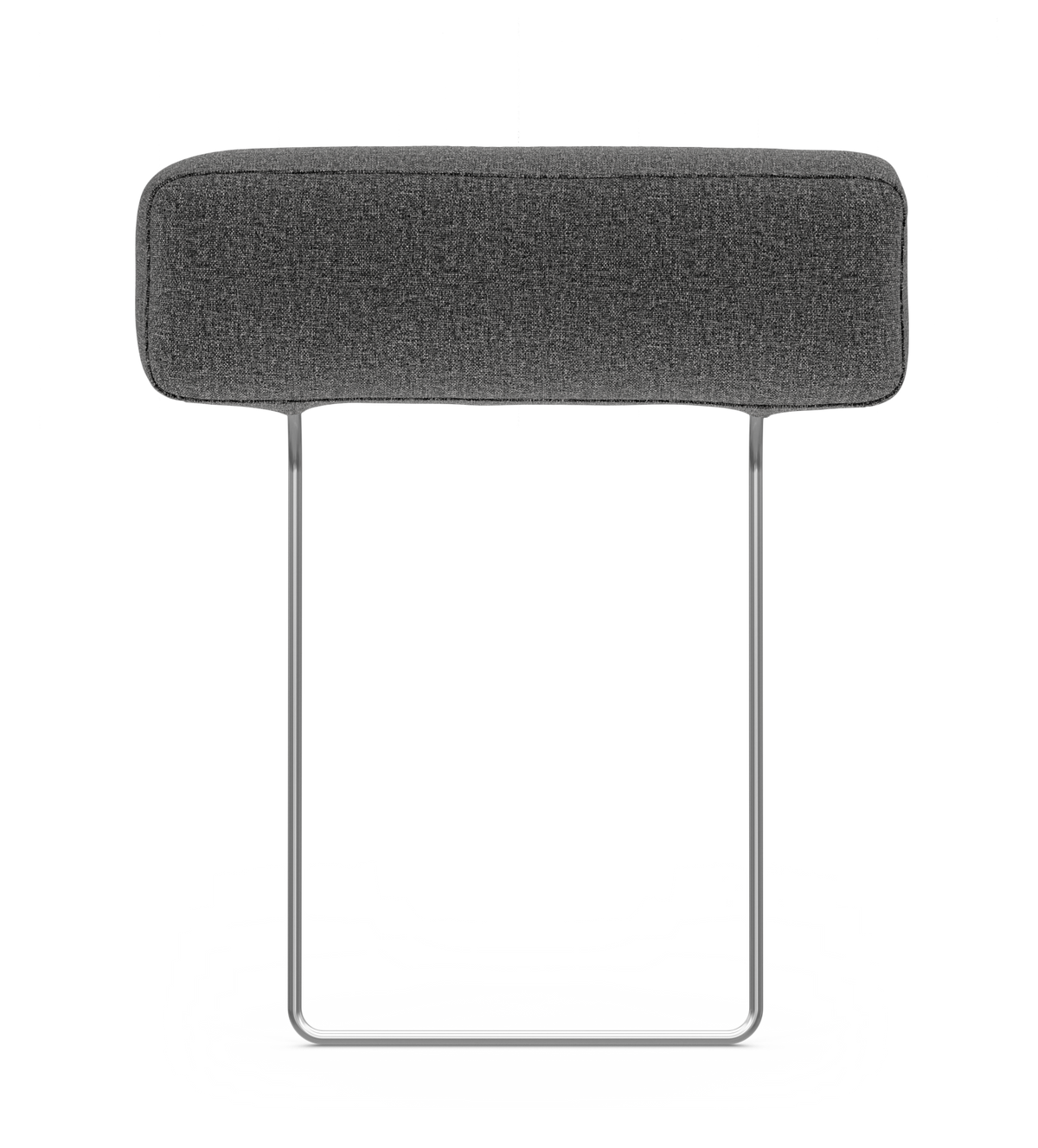 Grå rektangulær polstret pude på U-formet metalramme, frontview mod hvid baggrund.