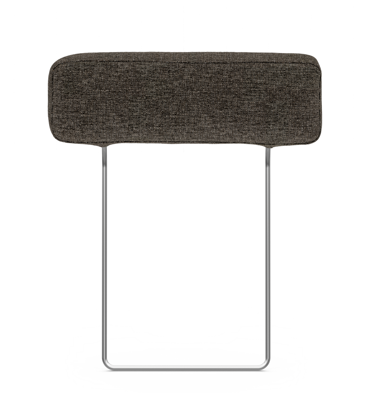 Mørkegråt stofbetrukket nakkestøtte med kromede metalben, frilagt på hvid baggrund.