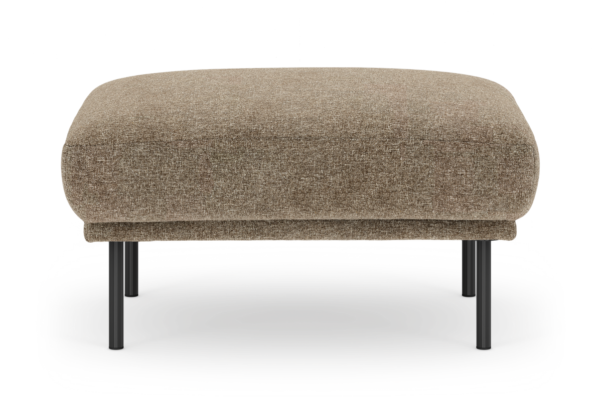 Brun stofpuf/ottoman med sorte metalben, frilagt frontvisning.