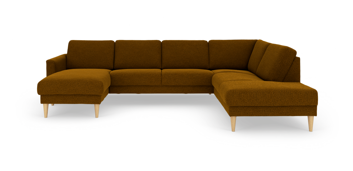 Brun L-formet hjørnesofa med chaiselong og træben, frilagt produktbillede.