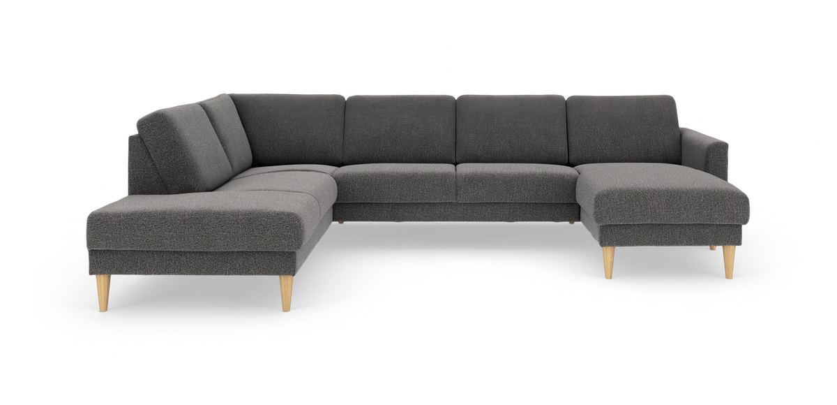 Mørkegrå modul-hjørnesofa med chaiselonger i begge ender og lyse træben.