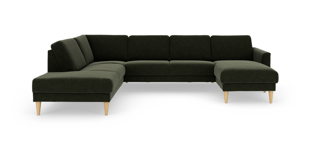 Mørkegrøn U‑formet hjørnesofa med chaiselonger på begge sider og lyse træben.