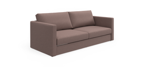 Tredesofa i taupe/brun tekstil med lige armlæn og to ryghynder, frilagt på hvid baggrund.