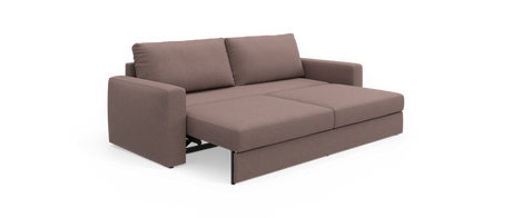 Brun sovesofa i stof i udtrukket sengestilling med to ryghynder.