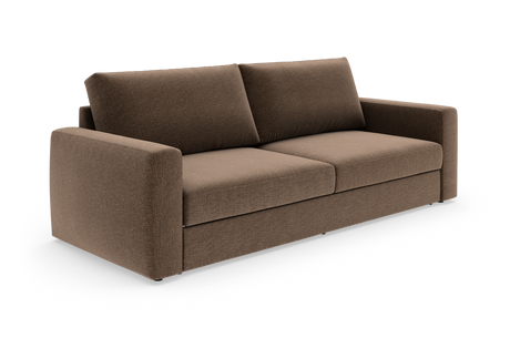 Brun stofsofa med brede armlæn og to ryghynder, frilagt på hvid baggrund.