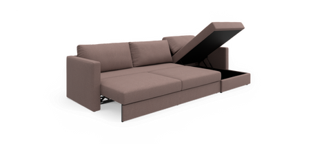Brunrosa sovesofa med chaiselong og åbent opbevaringsrum i chaiselongen.