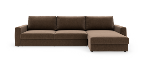 Brun hjørnesofa med chaiselong til højre, frilagt på hvid baggrund.