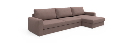 Hjørnesofa med højre chaiselong i taupe stof, tre sæder.