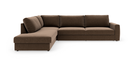 Brun L‑sofa med venstrevendt chaiselong, moderne lige linjer og stofbetræk, isoleret på hvid baggrund.