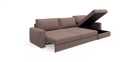 3-personers stofsofa i taupe med chaiselong og opklappelig opbevaring i chaiselongen.