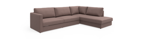 Højrevendt chaiselong hjørnesofa i taupe stof, moderne, lige linjer med løse ryghynder.