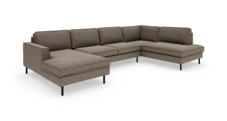 Brun modulær hjørnesofa med chaiselong og slanke sorte metalben på hvid baggrund.