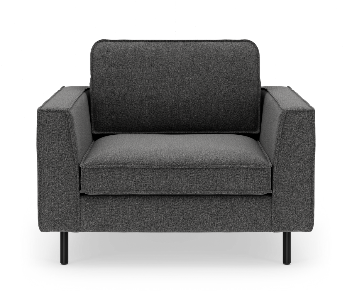 Mørkegrå lænestol i moderne, minimalistisk design på hvid baggrund, set lige forfra.