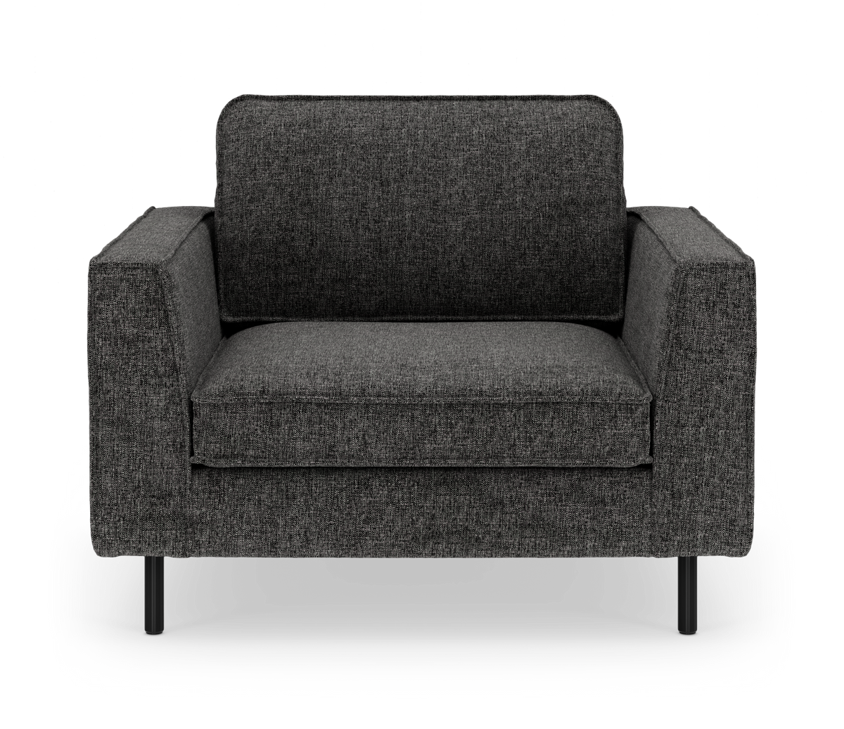 Mørkegrå, moderne lænestol med lige armlæn og slanke sorte ben, frontvisning på hvid baggrund.