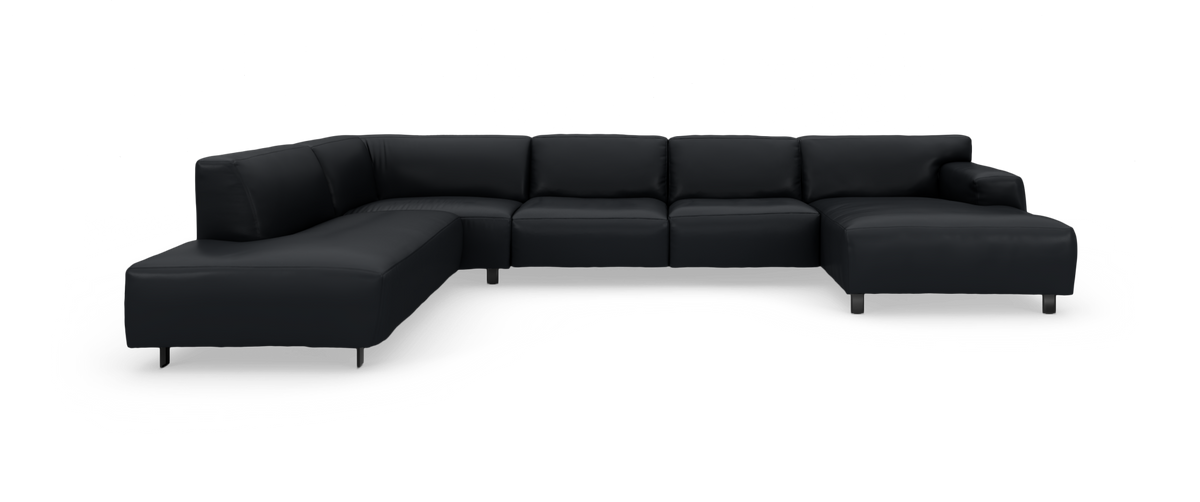 Sort L-formet modulsofa med chaiselong på højre side, frilagt på hvid baggrund.