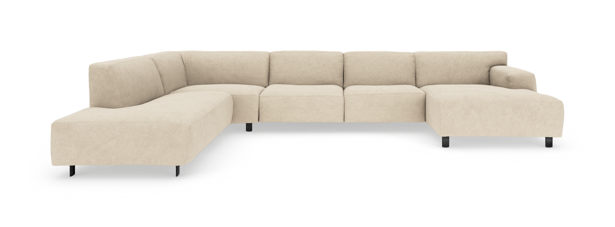 Beige modulhjørnesofa med højre chaiselong og sorte ben på hvid baggrund.