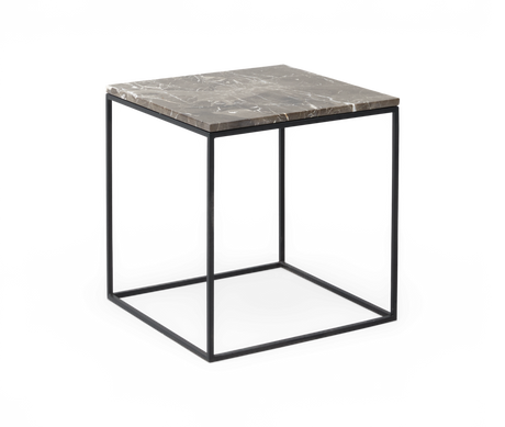 Kvadratisk sidebord med grå marmorplade og sort metalstel.