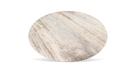 Rund beige marmorplade med naturlige årer, frilagt på hvid baggrund.