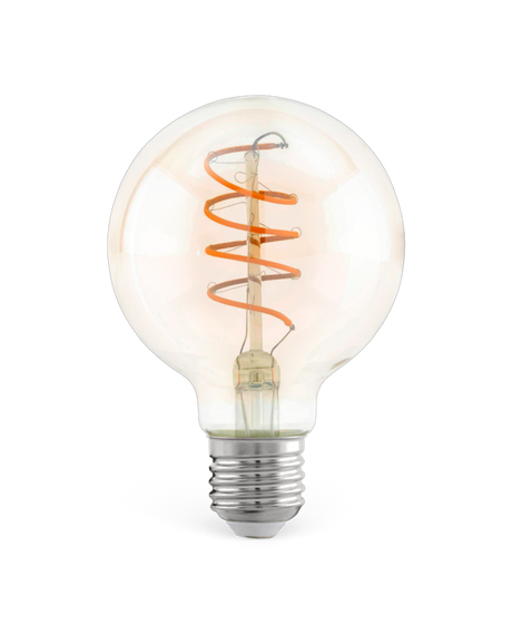 Kugleformet LED‑pære med spiralformet orange filament og E27‑fatning på hvid baggrund.