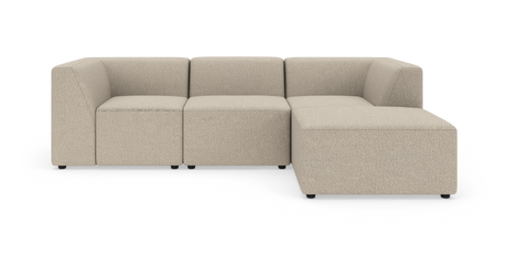 Modulsofa i beige med højre chaiselong, fritstående på hvid baggrund.