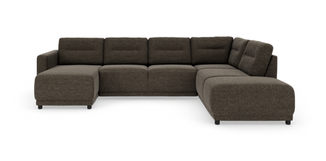 Modul hjørnesofa i mørkebrun tekstil med chaiselong til venstre og bløde afrundede former, frilagt på hvid baggrund.