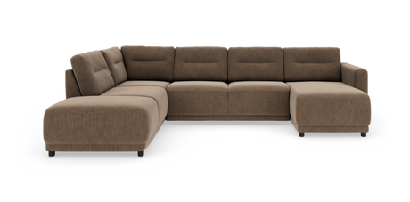 Brun modulsofa i U‑form med chaiselong til højre, frilagt mod hvid baggrund.