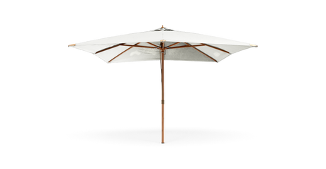 Hvidt rundt haveparasol med træstang, set forfra, fritlagt.
