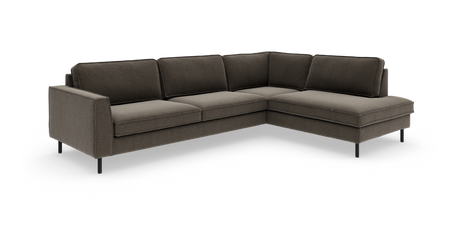 L‑formet mørkegrå hjørnesofa med chaiselong til højre på hvid baggrund.
