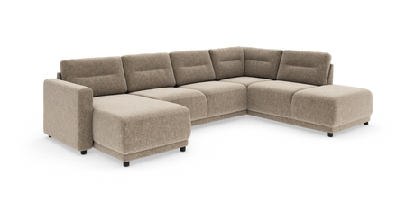 Modulær U‑formet hjørnesofa i beige stof med brede sæder og chaiselonger i begge ender.