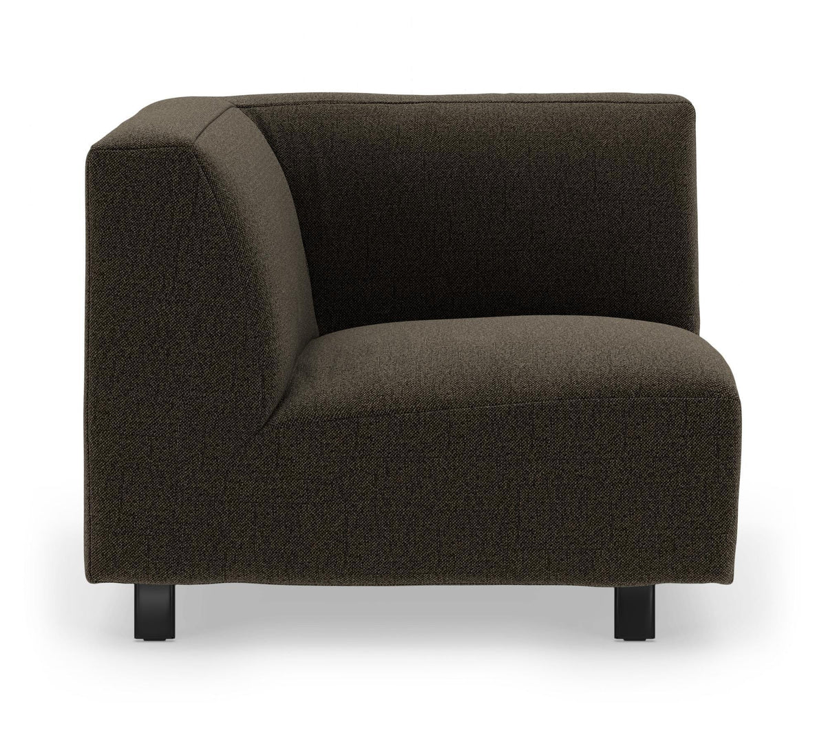 Mørkebrun modulsofa, hjørnemodul, frilagt på hvid baggrund med skygge.